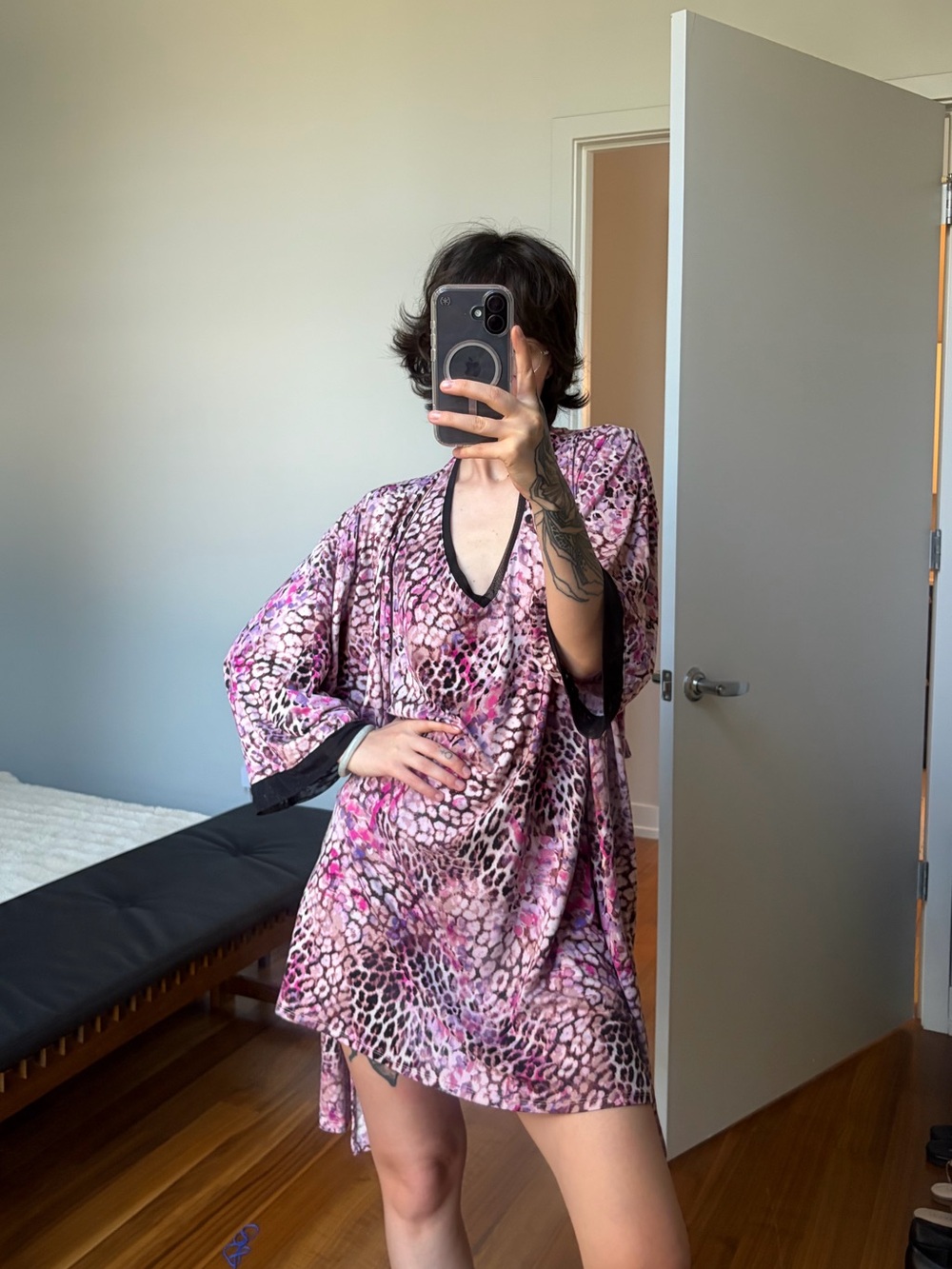 Pink Leopard Print V-Neck Tunic Dress & Robe Sleepwear